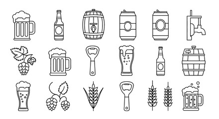 Line art icons feature drinks and brewing elements. Beer, brewery, pub, bar, alcohol production, grain