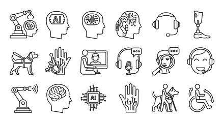 Set of vector icons representing assistive technology and artificial intelligence. Includes technology, disabilities, artificial intelligence, and aids for humans.