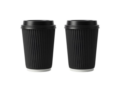 Stylish black and brown coffee cups with lids and ribbed sleeves, perfect for takeaway, travel mugs, and cafe branding mockups. Isolated on transparent background for easy use. - Powered by Adobe
