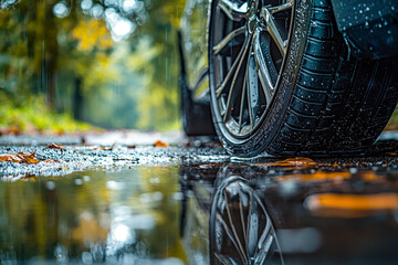 Close-up of a wet car tire on a rainy forest road with reflections and autumn leaves