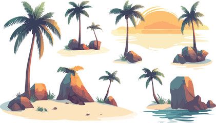 Obraz premium Tropical Island Paradise with Palm Trees Rocks and Sunset Illustration