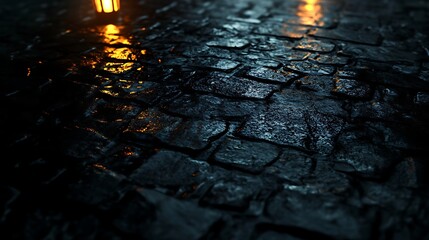 Wet cobblestone pavement night