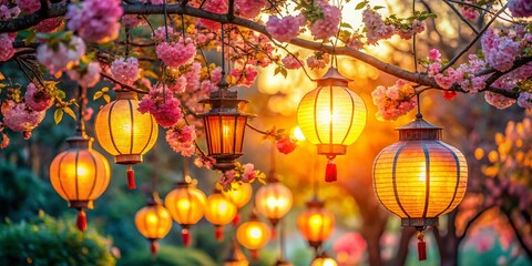 Obraz premium Peaceful Lantern-Lit Garden Scene: Soft Warm Light, Floral Decor, Rule of Thirds Composition
