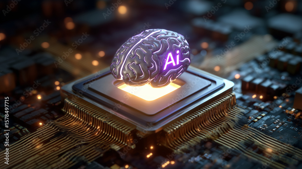 Poster a processor surrounded by illuminated circuits in shape of brain, the word 
