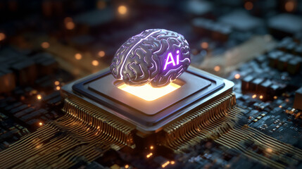 A processor surrounded by illuminated circuits in shape of brain, the word "Ai" is glowing and elevated from the center of the processor
