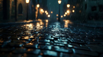 Wet cobblestone street at night