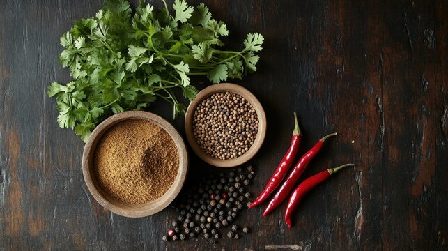 Spices arranged on dark wooden table