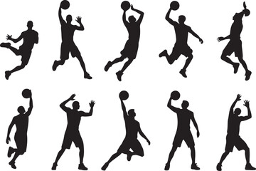 Black silhouettes of basketball players in action jumping and shooting the ball on white background