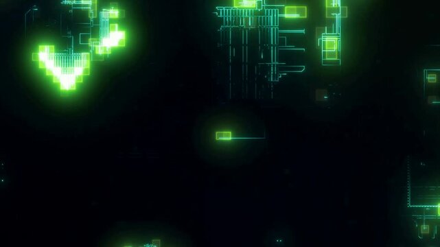 swimming green numbers and wireframe effects