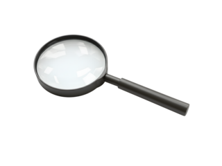 Classic magnifying glass with silver rim and black handle, symbolizing search, analysis, and discovery — perfect for detective, science, and research themes. Isolated on transparent background.

