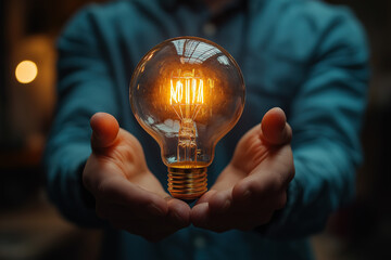 Hands Holding Glowing Light Bulb, Symbolizing Creativity and Innovation