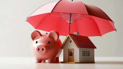 3d rendering of red open umbrella covers a large pink piggy bank and a small house isolated on a white background.