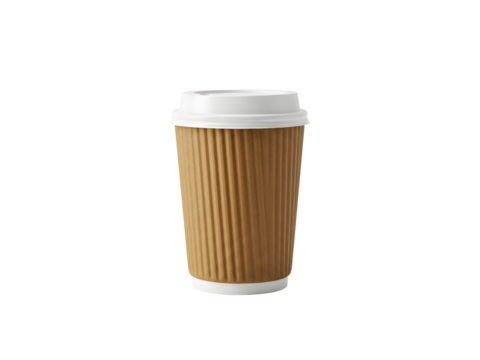 Stylish black and brown coffee cups with lids and ribbed sleeves, perfect for takeaway, travel mugs, and cafe branding mockups. Isolated on transparent background for easy use.