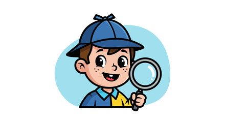 Fototapeta premium Cartoon Detective Kid with Blue Hat and Magnifying Glass