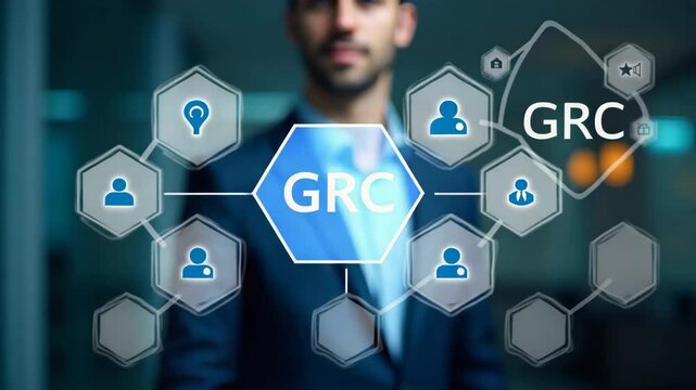 Flat Businessman Engaging with GRC Icons on Digital Interface: A Cute Vector Illustration of Governance, Risk Management, Compliance, and Business Ethics in Organizational Management.