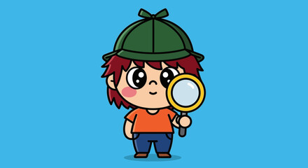 Adorable Cartoon Boy Detective with Magnifying Glass on Blue Background