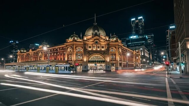 Melbourne Flinders Street Station at Night: City Lights and Tram Trails.