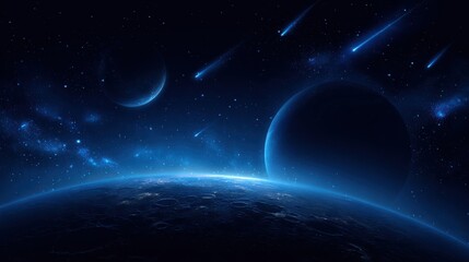 Fototapeta premium Space and planet background. Planets surface with craters, stars and comets in dark space. Vector illustration. Space sky with planet and satellite, no logos, no brands