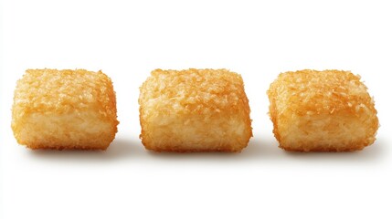Three golden-brown, square-shaped, breaded snacks arranged in a row on a white background.