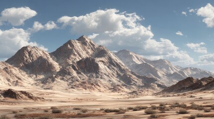 A computer generated desert scene with mountains in the background