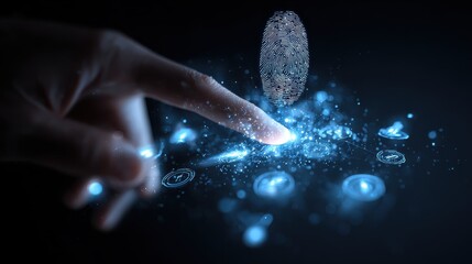 A hand with a glowing fingerprint above and digital icons below on a dark background in blue tones