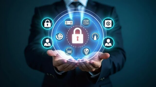 Flat Hand Holding Holographic Scam Alert Device: Protect Against Online Threats with Phishing & Malware Icons - A Cute Vector Illustration for Cybersecurity Awareness