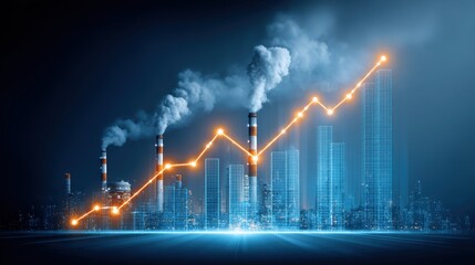 Economic concepts and their impact. Industrial chimneys emit smoke against a city skyline, overlaid with an upward-trending digital graph illustrating growth or environmental impact.