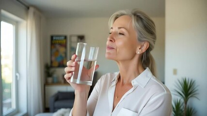 Flat Happy healthy woman of middle age holding glass of water standing at home mature 50 years old lady enjoying drinking pure mineral clear water for body hydration morning daily hydrating treatment. - Powered by Adobe