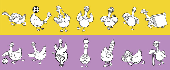 Cute silly goose cartoon character back to school activities Illustration set © BLP