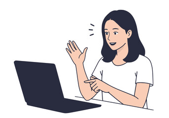 Woman making hand gesture during video call, black outline and solid navy fill, white background