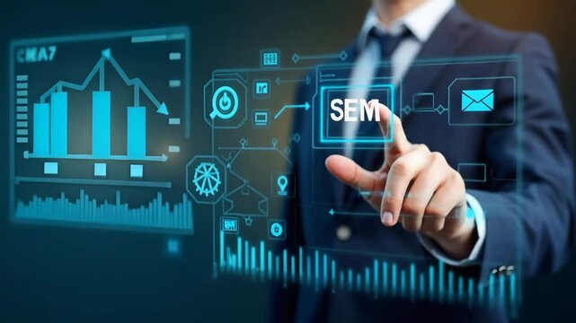 Flat Businessman Illustrating SEM Icons: A Cute Vector Representation of Search Engine Marketing Strategies and Online Advertising Rankings