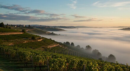 Vineyard in foggy valley landscape