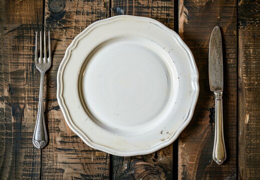 Rustic dining arrangement featuring a plate, fork and knife on aged wood