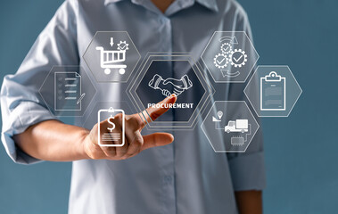 Concept of procurement, supply chain management, represented by related logistics, inventory icons...