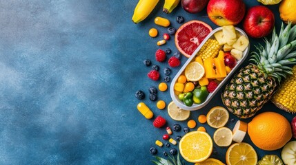 Colorful fruit and vegetable assortment on a dark blue background