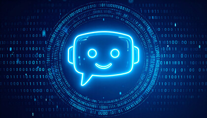 Glowing Chatbot Head Icon Surrounded by Binary Code – Generative AI Concept