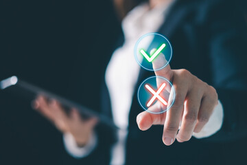 Checkmark and cross icons, symbolizing decision making and approval or rejection actions. digital...
