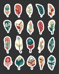 Feather decorative set in scandinavian style with decoration tribal symbols and traditional shape for your illustration and natural ethnic themed design projects