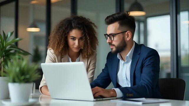 Diligent Latin female manager instructing young male coworker using laptop at office clarifying corporate project details. concept as Busy mentor guiding employee with detailed software insights. Both