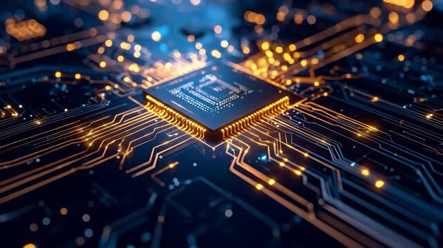 Illuminated circuit board Golden threads link a central chip with complex digital pathways on a deep blue surface