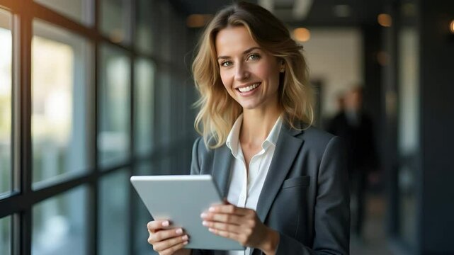 Confident Gray-Haired Businesswoman with Tablet: A Vector Illustration of Midlife Leadership and Authority in the Workplace