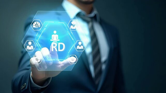 Businessman Engaging with R&D Icons on Digital Interface: Innovation Technology & Human Resources for Strategic Growth - Stock Photo Concept with Empty Space