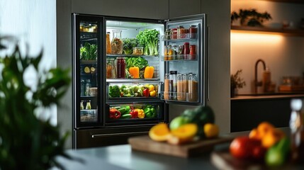 Transparent smart fridge showing contents and recipe suggestions