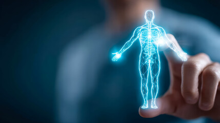 Futuristic digital representation of the human body with glowing anatomical details