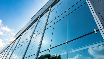 Closeup Minimalist Modern Glass Building, Blue Sky Background