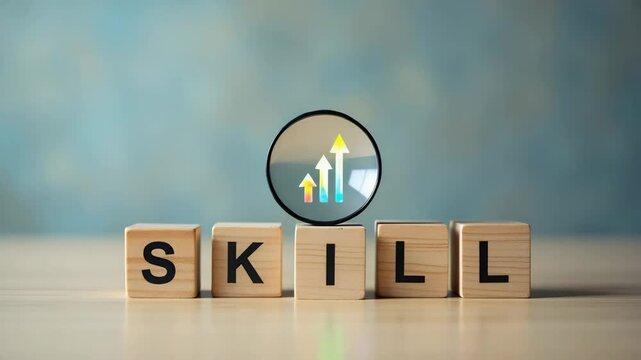 Flat Hand stacking holographic wooden blocks spelling SKILL with a magnifying glass highlighting upward arrows representing skill enhancement progress personal growth upskilling skill training in empt