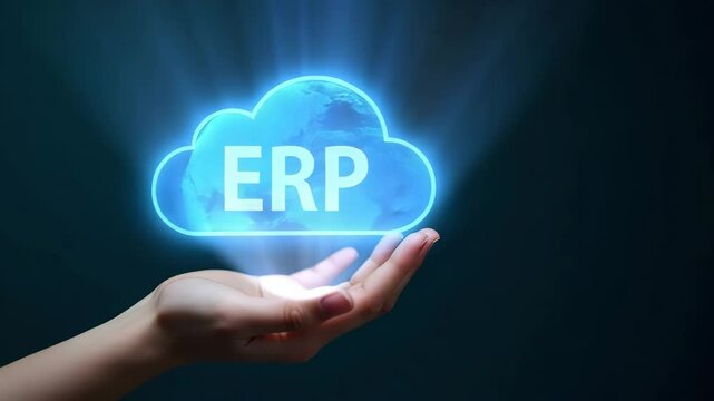 Flat Hand Holding Holographic ERP Integration Accessibility Icon in Cloud Setup - Minimalist Vector Illustration for Smart Business Solutions