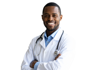Happy confident handsome healthcare professional man posing for clinic profile portrait, keeping arms folded, looking at camera, smiling. Positive male doctor, physician head transparent background