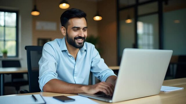 Flat Smiling Indian businessman looking at laptop using computer working in office busy professional employee company executive searching online solutions workplace. concept as Smiling Indian business