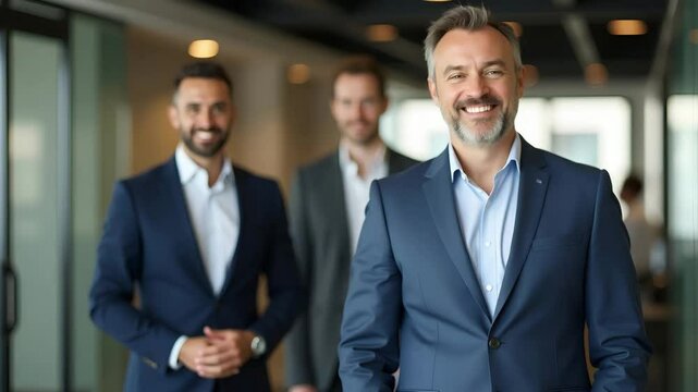 Flat Smiling 50-Year-Old Male Executive in Office - Projecting Stability, Expert Leadership, Corporate Growth, Authority, Confidence, Business Acumen, Vector Illustration